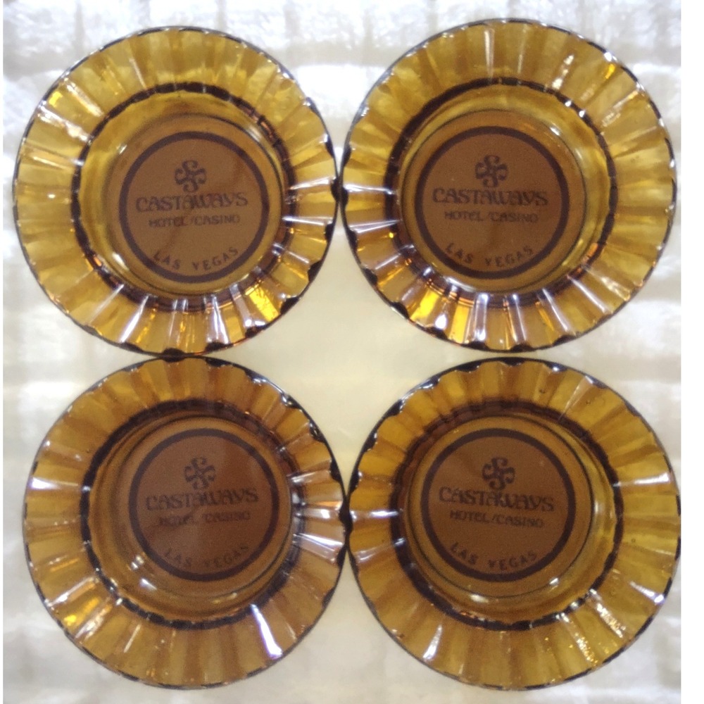 Vintage Castaways Hotel Casino Las Vegas Amber Glass Ashtray Set of 4 Scalloped